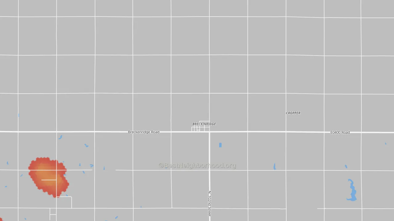 Walk Grade map of Breckenridge, OK, walkable areas in green and car-dependent areas in red