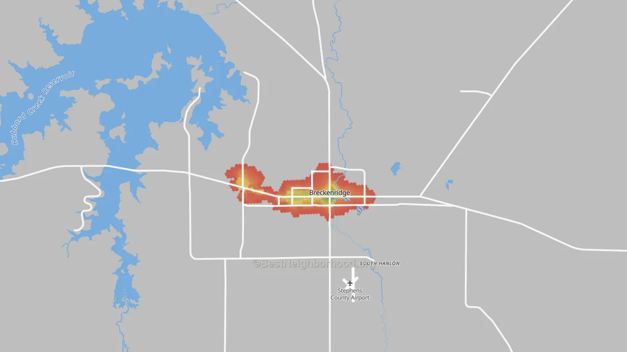 Walk Grade map of Breckenridge, TX, walkable areas in green and car-dependent areas in red