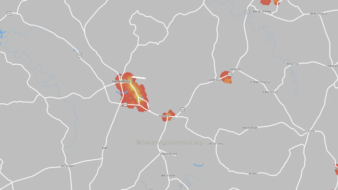 Walk Grade map of Breckinridge County, KY, walkable areas in green and car-dependent areas in red