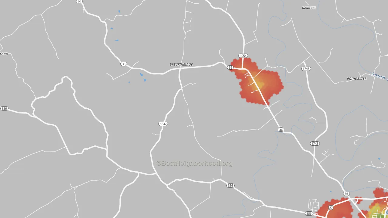 Walk Grade map of Breckinridge, KY, walkable areas in green and car-dependent areas in red