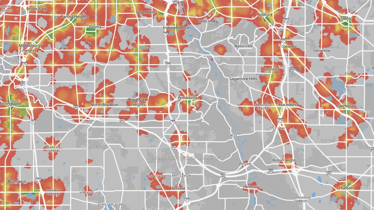 Walk Grade map of Brecksville, OH, walkable areas in green and car-dependent areas in red