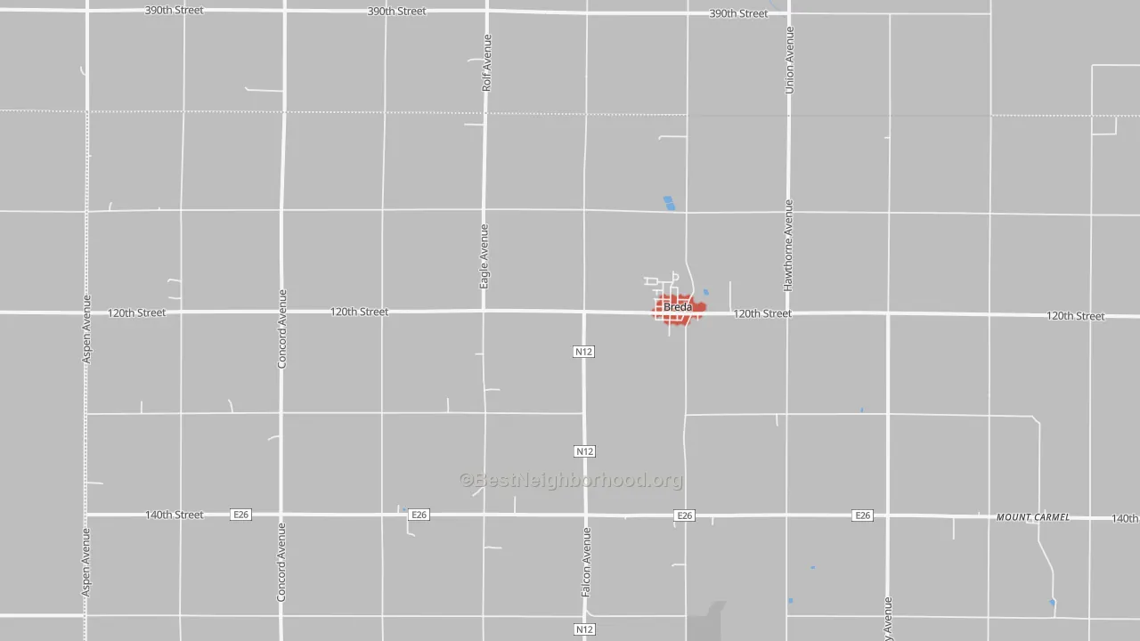 Walk Grade map of Breda, IA, walkable areas in green and car-dependent areas in red