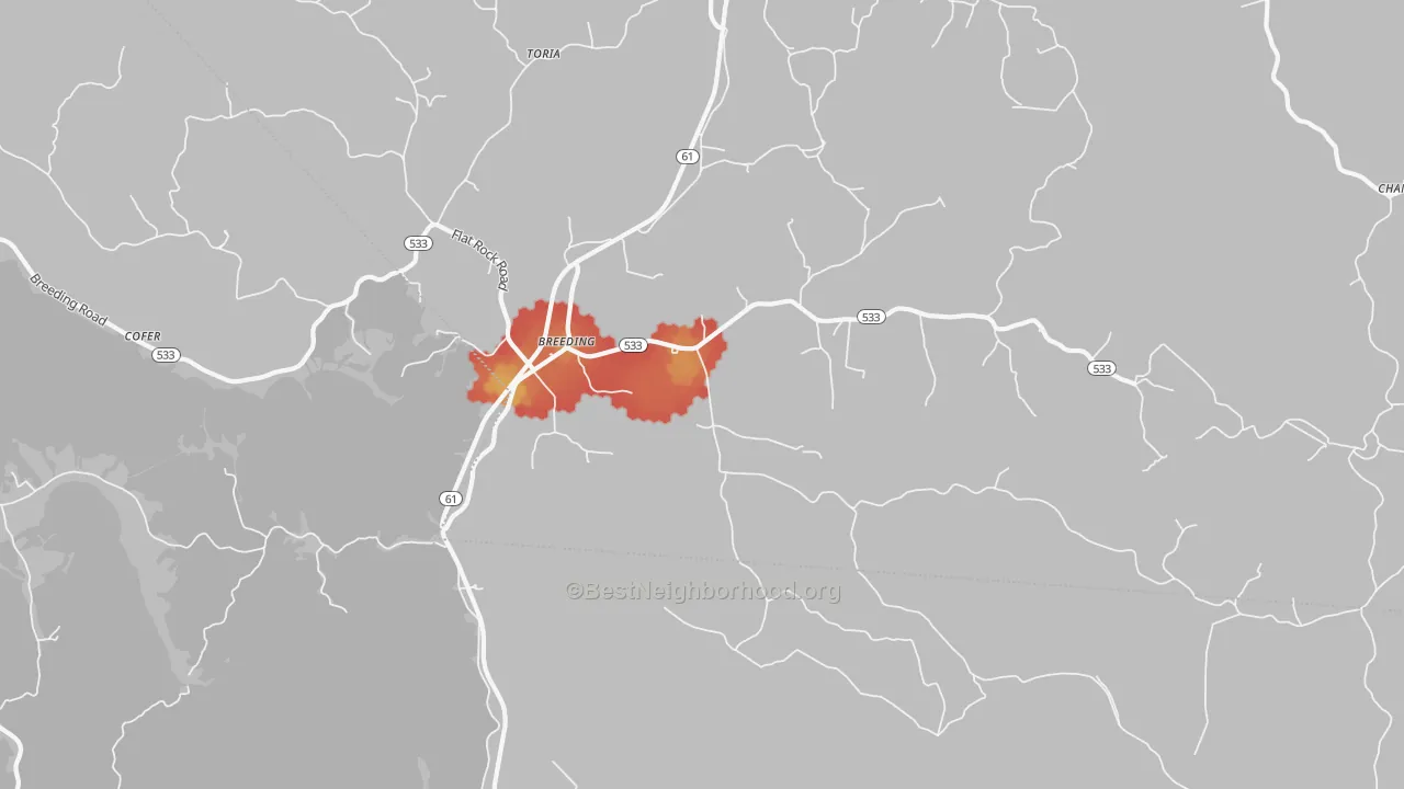 Walk Grade map of Breeding, KY, walkable areas in green and car-dependent areas in red
