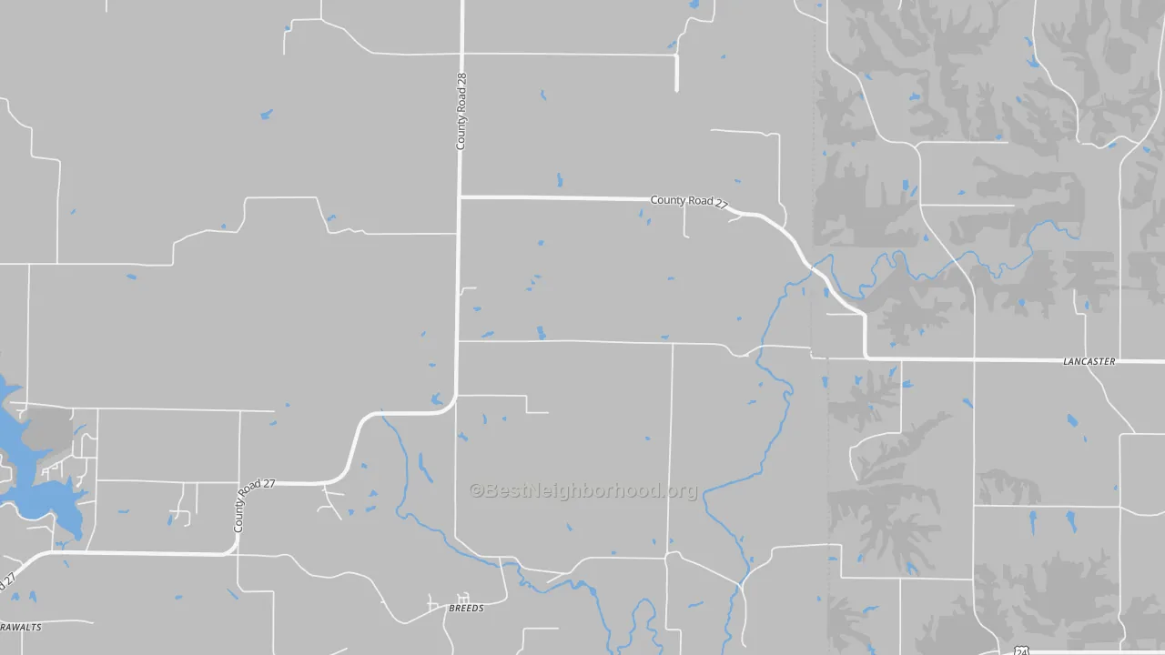 Walk Grade map of Breeds, IL, walkable areas in green and car-dependent areas in red