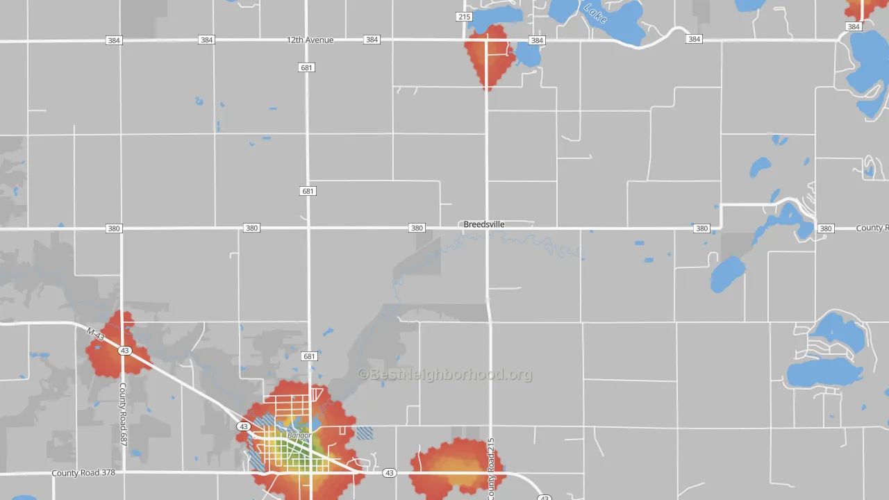 Walk Grade map of Breedsville, MI, walkable areas in green and car-dependent areas in red