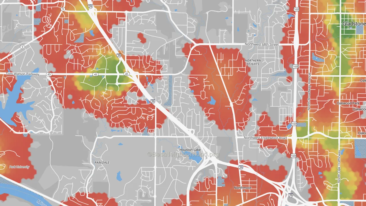 Walk Grade map of Breen Hills, Kansas City, MO, walkable areas in green and car-dependent areas in red