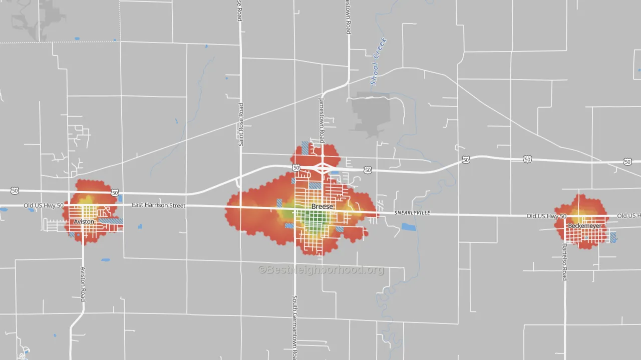 Walk Grade map of Breese, IL, walkable areas in green and car-dependent areas in red