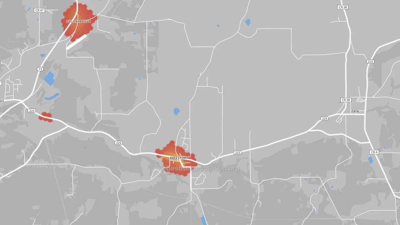 Walk Grade map of Breesport, NY, walkable areas in green and car-dependent areas in red