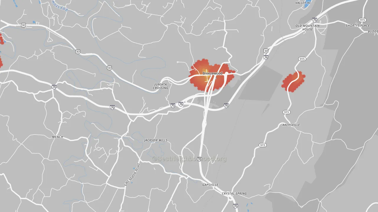 Walk Grade map of Breezewood, PA, walkable areas in green and car-dependent areas in red