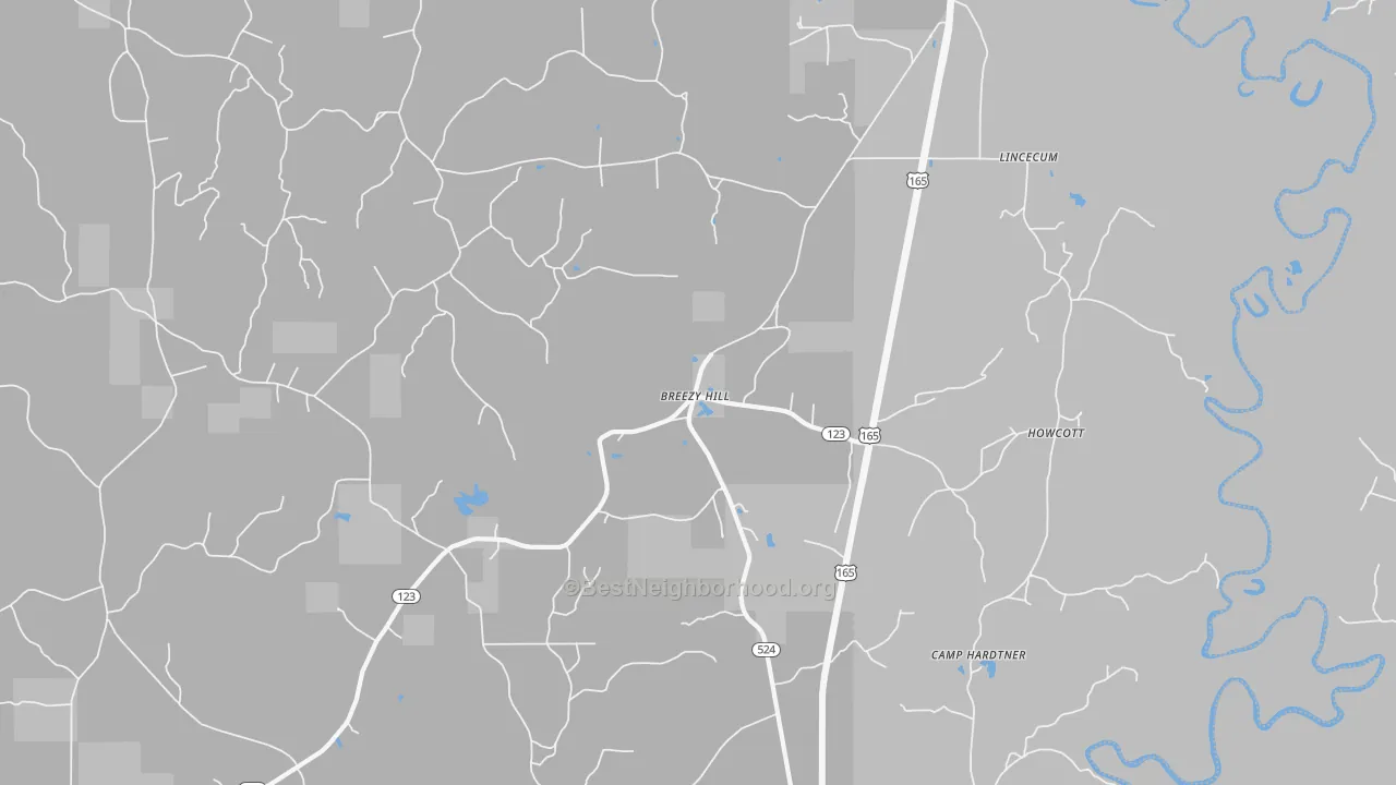 Walk Grade map of Breezy Hill, LA, walkable areas in green and car-dependent areas in red