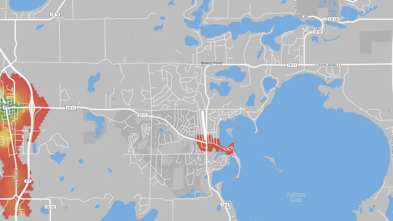 Walk Grade map of Breezy Point, MN, walkable areas in green and car-dependent areas in red