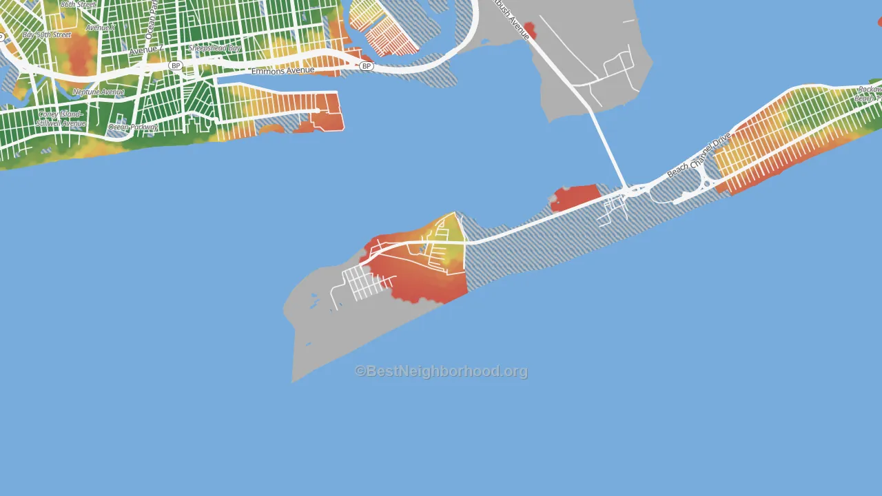 Walk Grade map of Breezy Point, Queens, NY, walkable areas in green and car-dependent areas in red