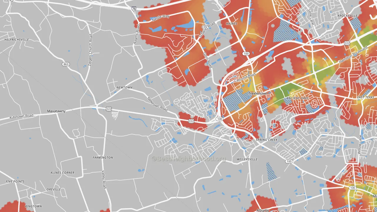Walk Grade map of Breinigsville, PA, walkable areas in green and car-dependent areas in red