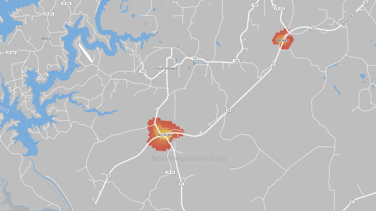 Walk Grade map of Bremen, AL, walkable areas in green and car-dependent areas in red