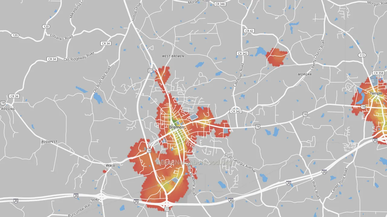 Walk Grade map of Bremen, GA, walkable areas in green and car-dependent areas in red