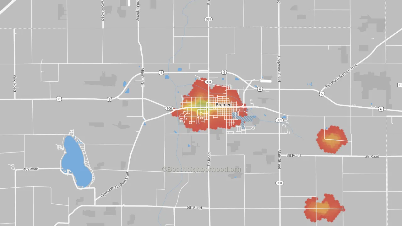 Walk Grade map of Bremen, IN, walkable areas in green and car-dependent areas in red