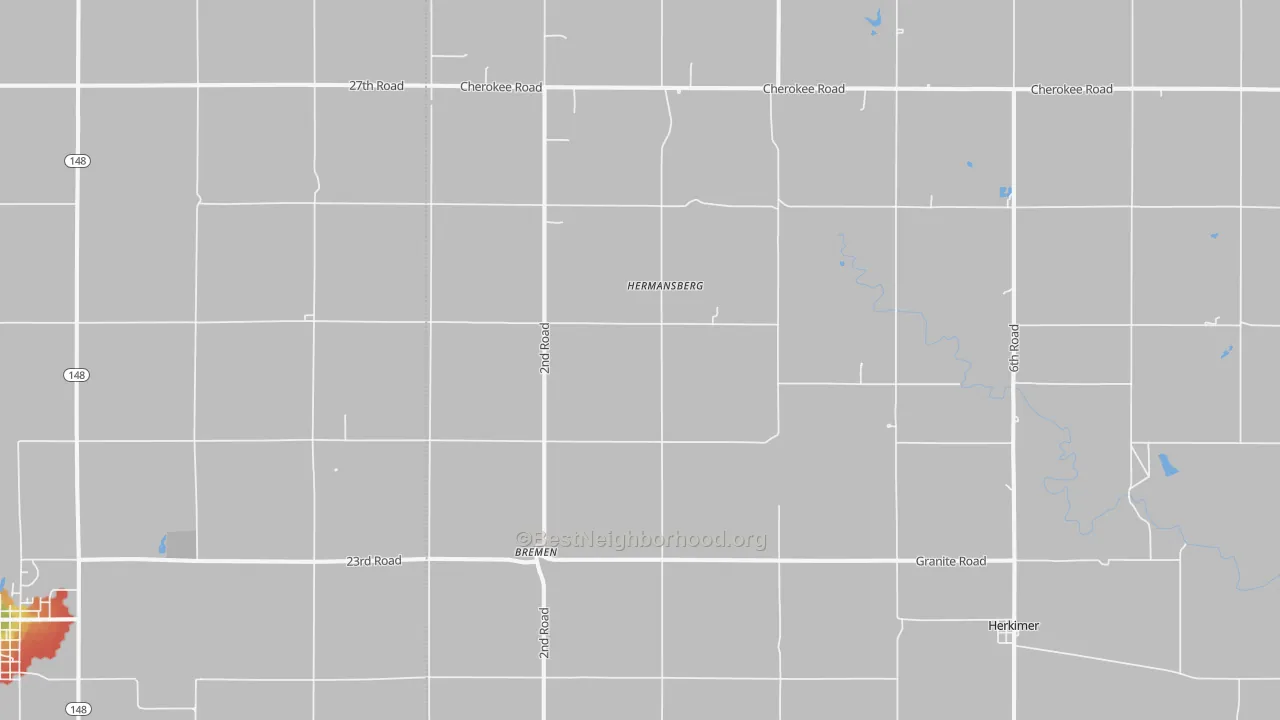 Walk Grade map of Bremen, KS, walkable areas in green and car-dependent areas in red