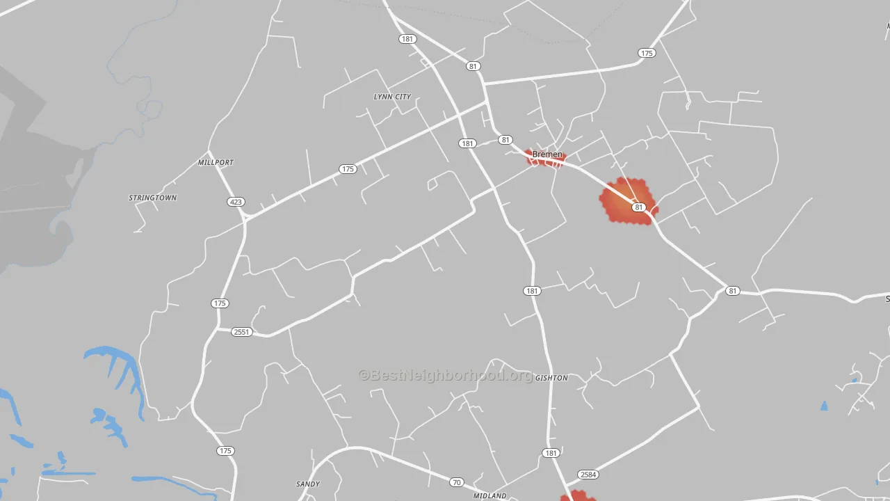 Walk Grade map of Bremen, KY, walkable areas in green and car-dependent areas in red