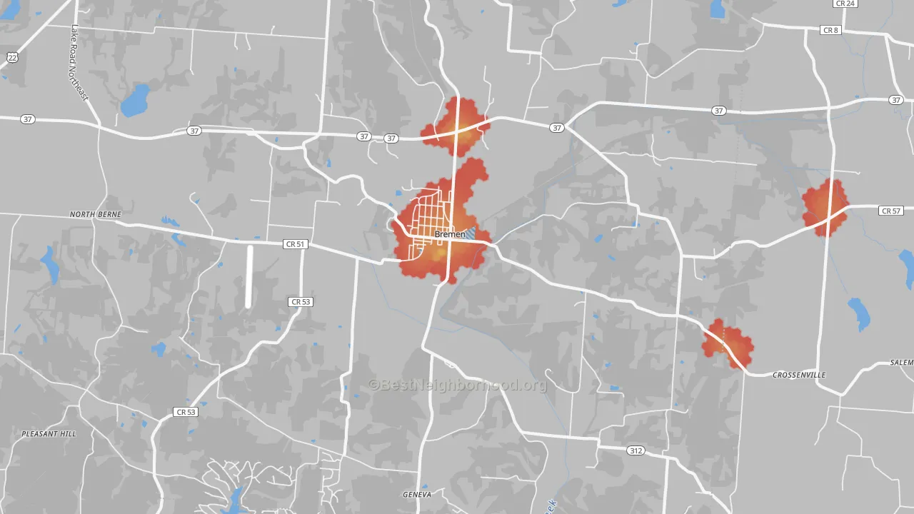 Walk Grade map of Bremen, OH, walkable areas in green and car-dependent areas in red