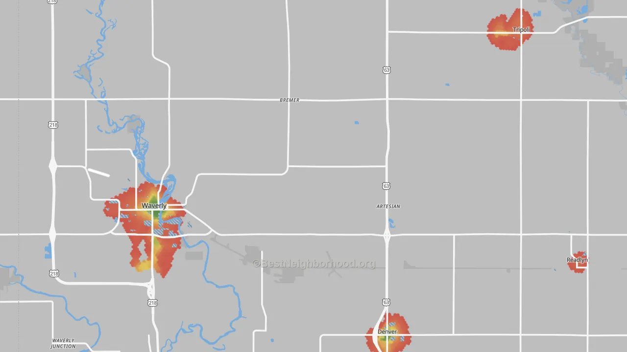 Walk Grade map of Bremer County, IA, walkable areas in green and car-dependent areas in red