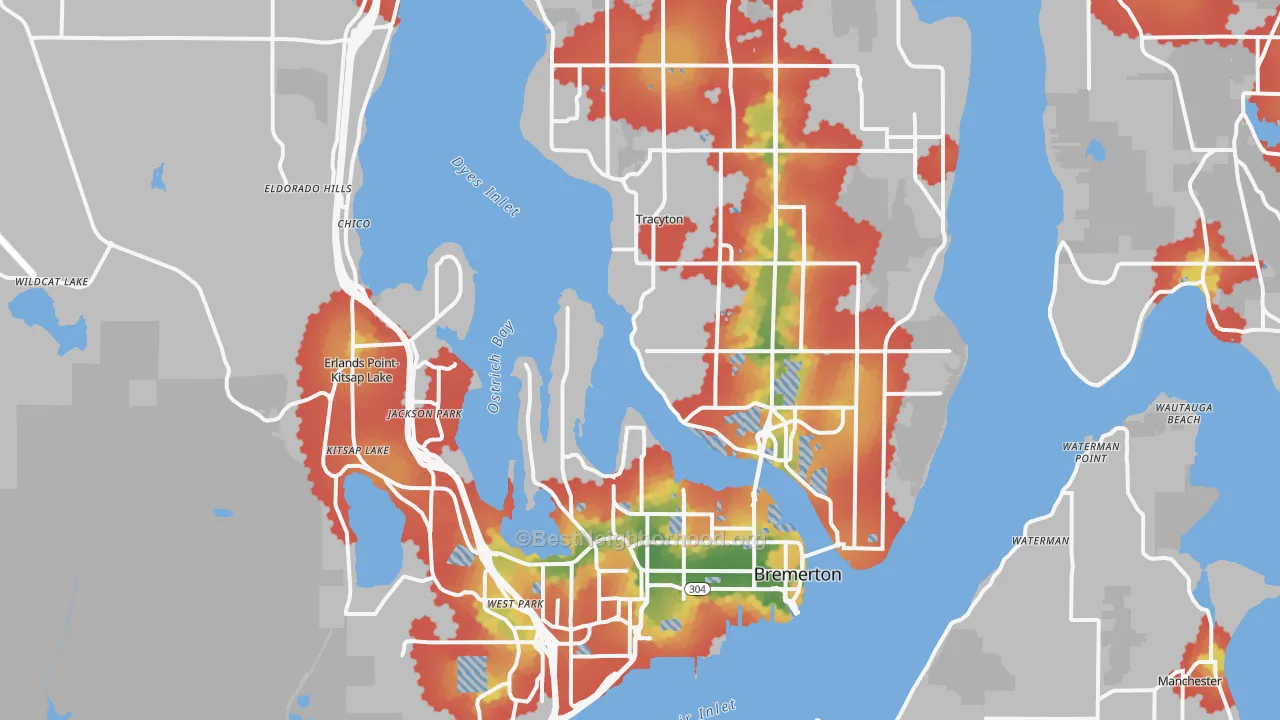 Walk Grade map of Bremerton, WA, walkable areas in green and car-dependent areas in red