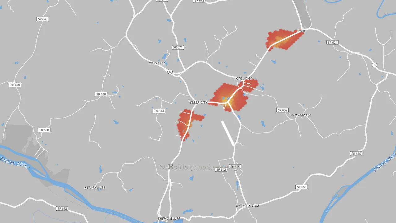 Walk Grade map of Bremo Bluff, VA, walkable areas in green and car-dependent areas in red