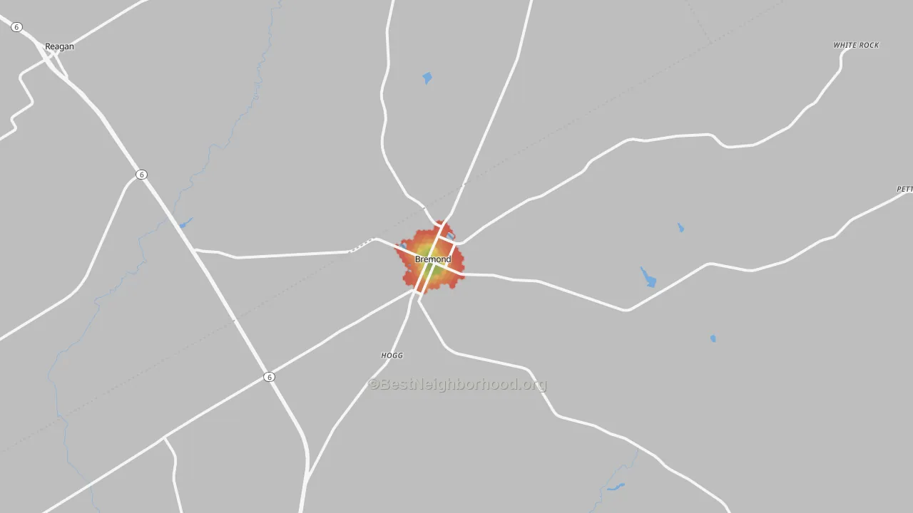 Walk Grade map of Bremond, TX, walkable areas in green and car-dependent areas in red