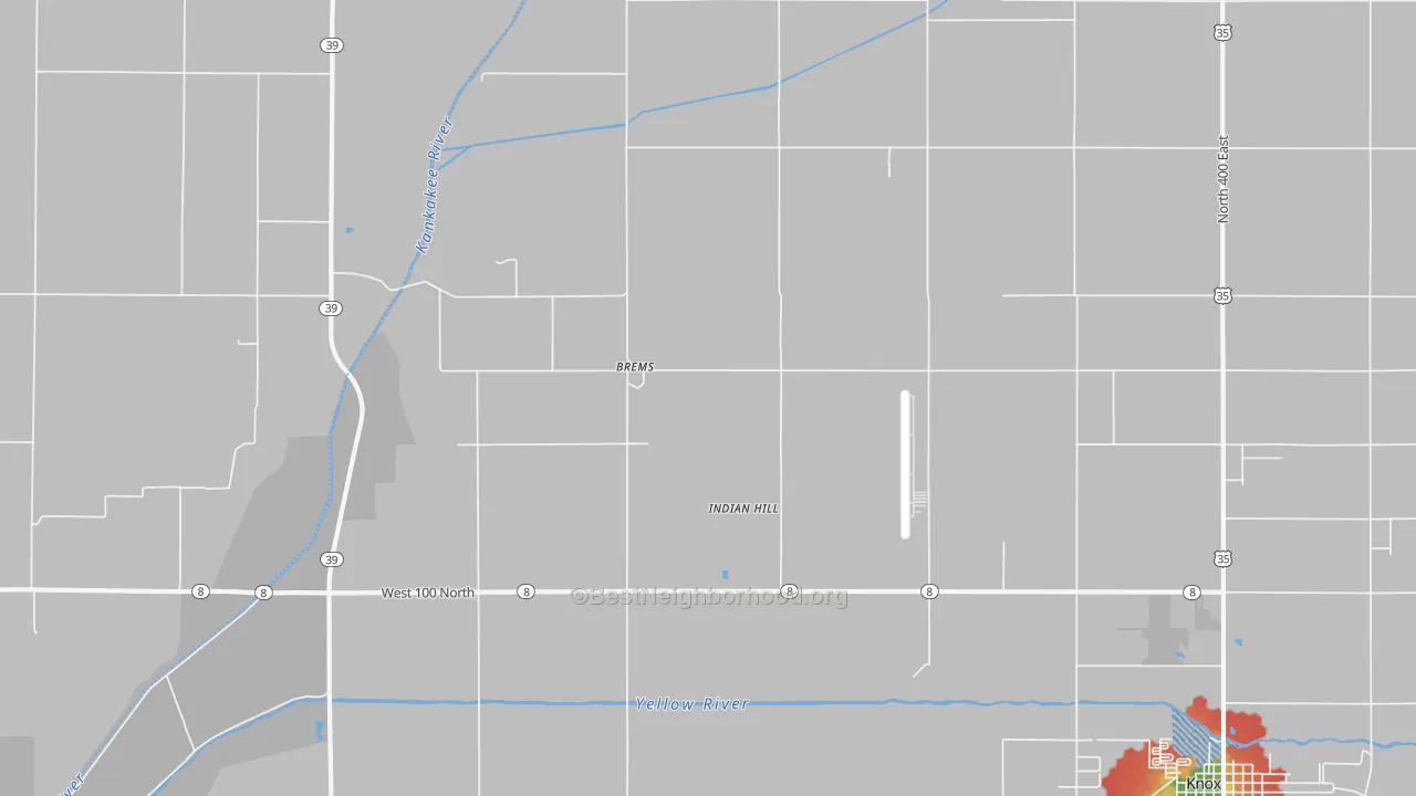 Walk Grade map of Brems, IN, walkable areas in green and car-dependent areas in red