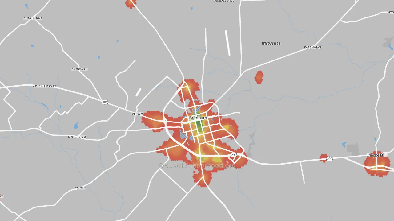 Walk Grade map of Brenham, TX, walkable areas in green and car-dependent areas in red