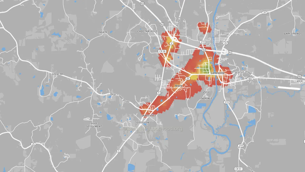 Walk Grade map of Brent, AL, walkable areas in green and car-dependent areas in red