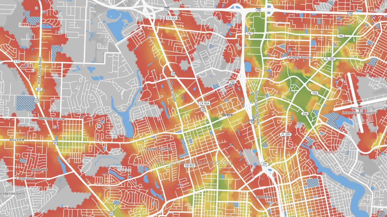 Walk Grade map of Brent, FL, walkable areas in green and car-dependent areas in red