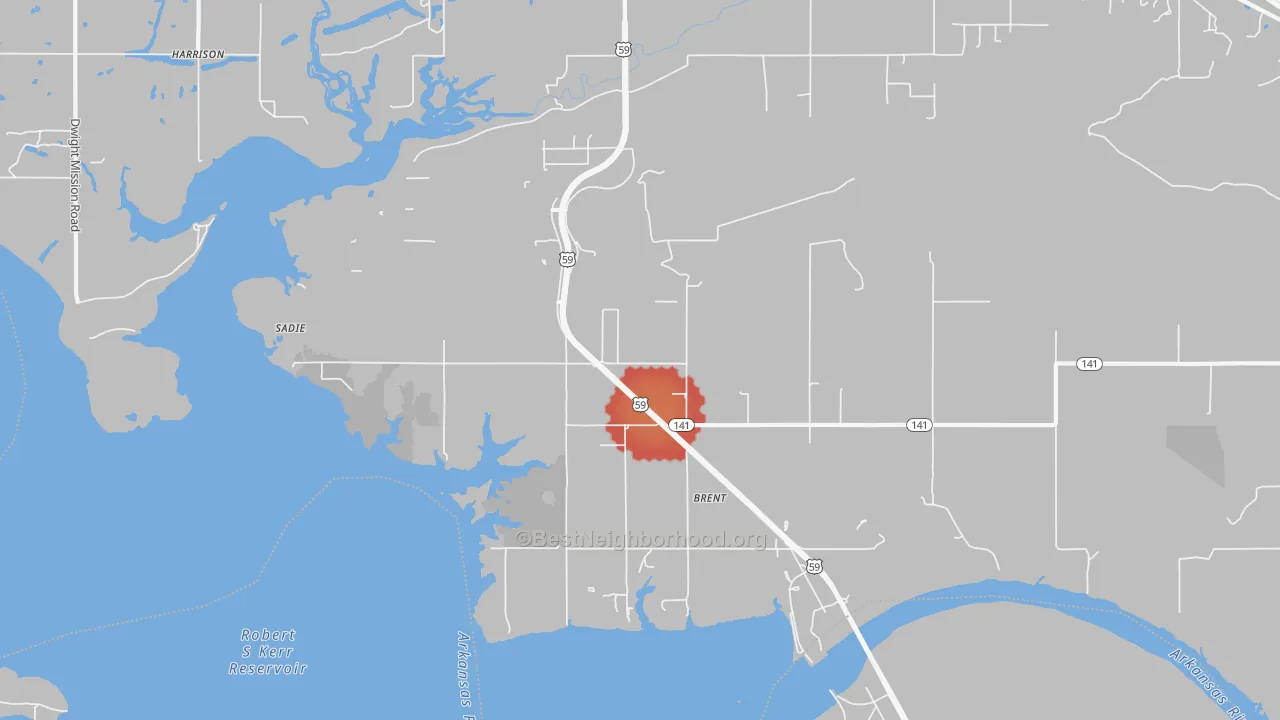 Walk Grade map of Brent, OK, walkable areas in green and car-dependent areas in red