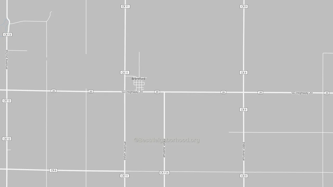 Walk Grade map of Brentford, SD, walkable areas in green and car-dependent areas in red
