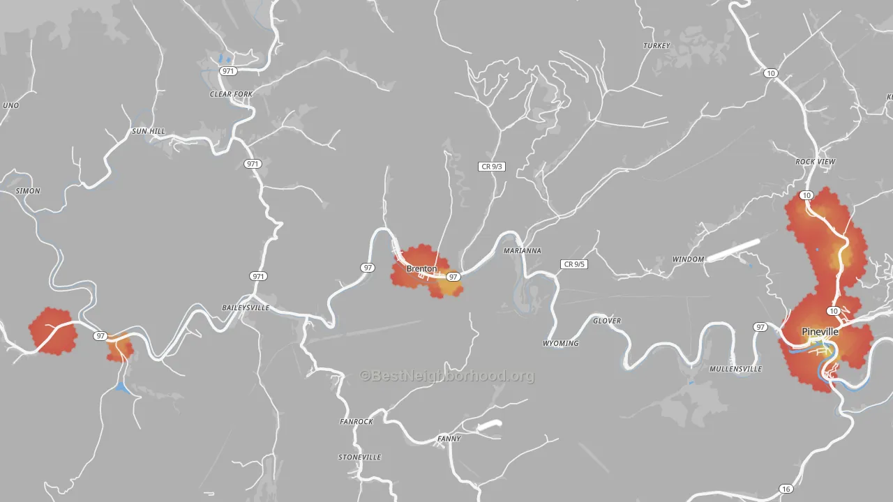 Walk Grade map of Brenton, WV, walkable areas in green and car-dependent areas in red