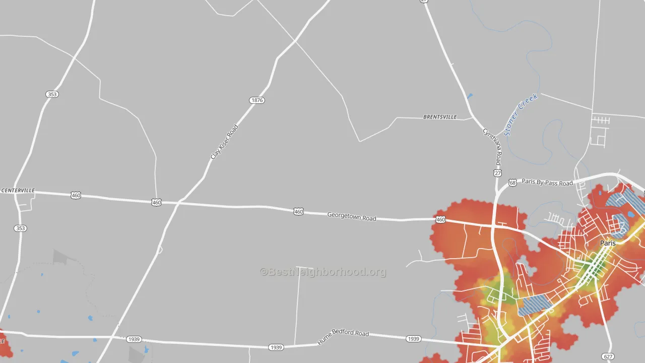 Walk Grade map of Brentsville, KY, walkable areas in green and car-dependent areas in red