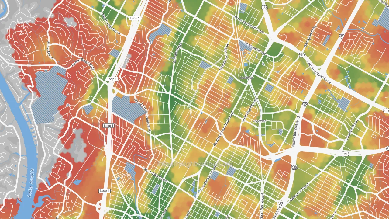 Walk Grade map of Brentwood, Austin, TX, walkable areas in green and car-dependent areas in red