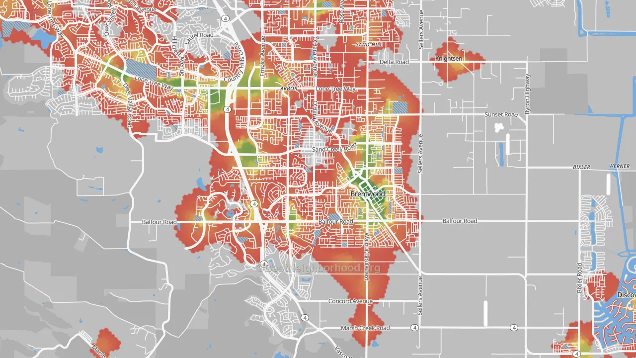Walk Grade map of Brentwood, CA, walkable areas in green and car-dependent areas in red