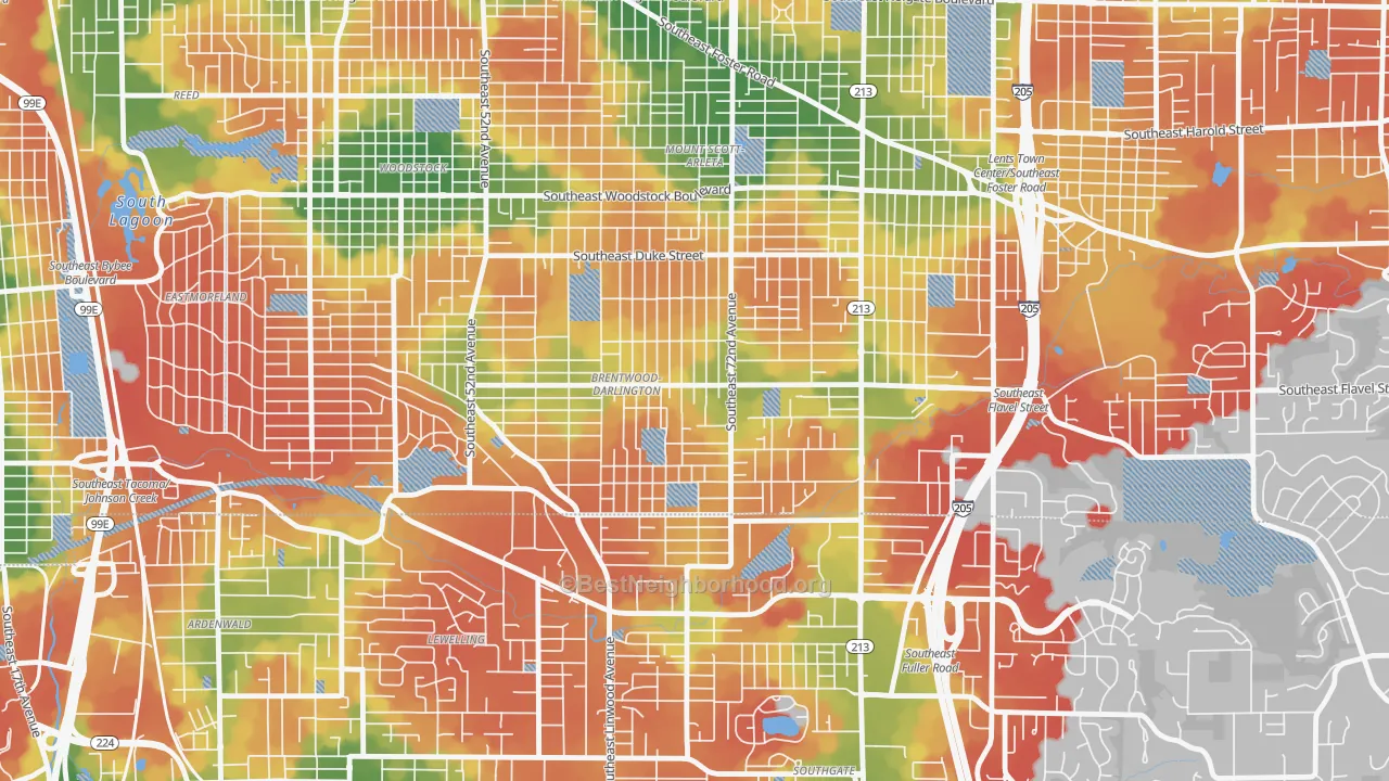 Walk Grade map of Brentwood-Darlington, Portland, OR, walkable areas in green and car-dependent areas in red