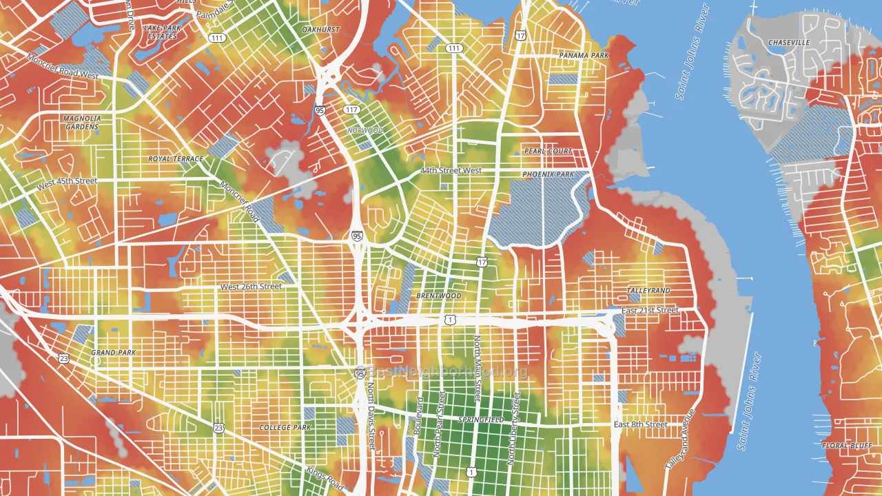 Walk Grade map of Brentwood, Jacksonville, FL, walkable areas in green and car-dependent areas in red