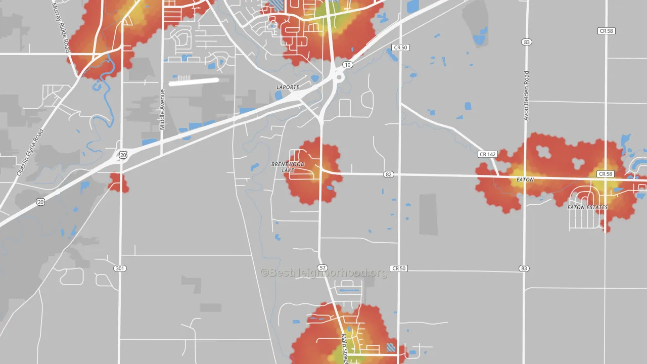 Walk Grade map of Brentwood Lake, OH, walkable areas in green and car-dependent areas in red