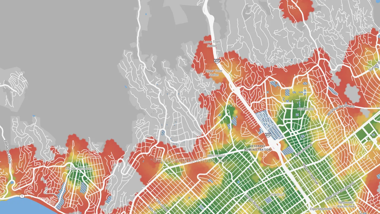 Walk Grade map of Brentwood, Los Angeles, CA, walkable areas in green and car-dependent areas in red