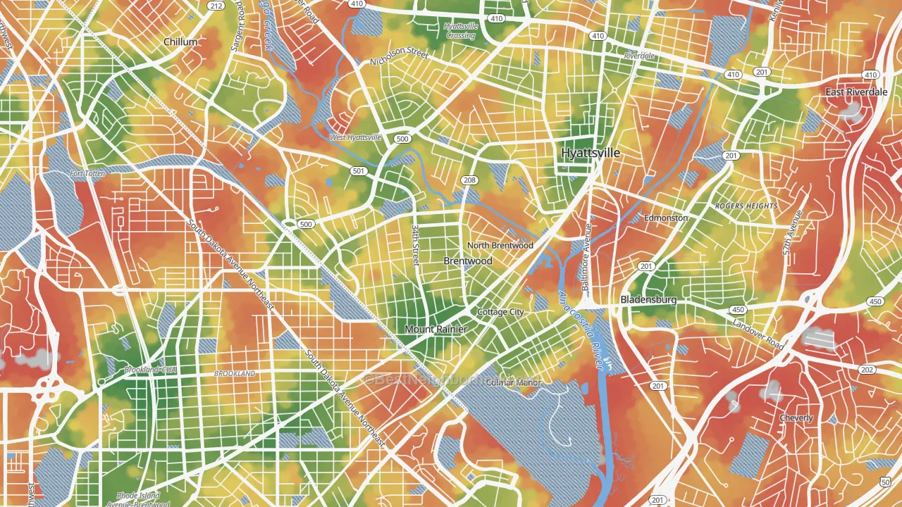 Walk Grade map of Brentwood, MD, walkable areas in green and car-dependent areas in red