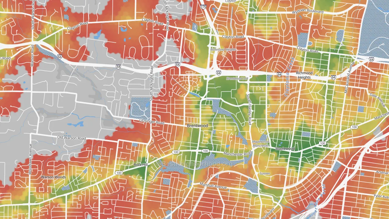 Walk Grade map of Brentwood, MO, walkable areas in green and car-dependent areas in red