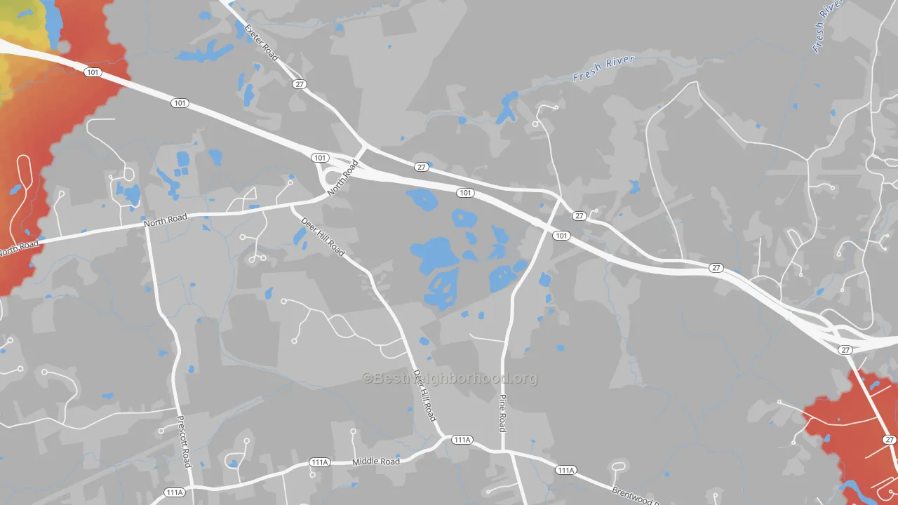 Walk Grade map of Brentwood, NH, walkable areas in green and car-dependent areas in red