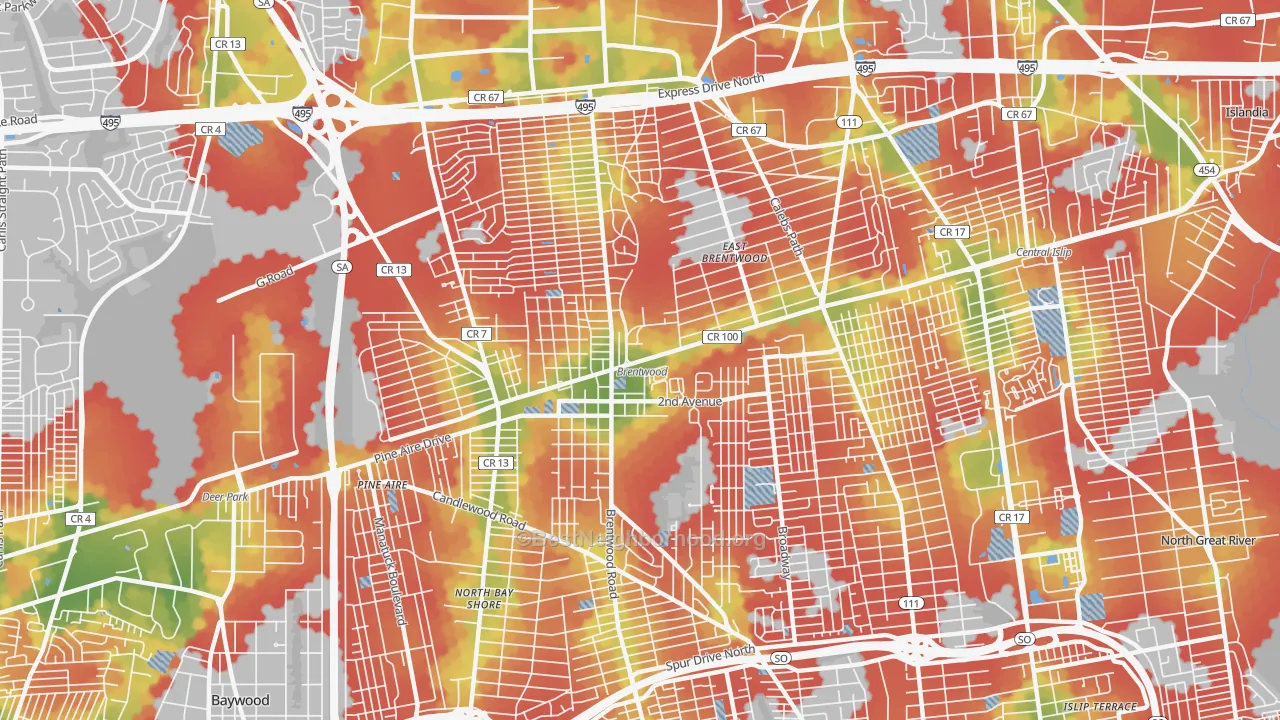 Walk Grade map of Brentwood, NY, walkable areas in green and car-dependent areas in red