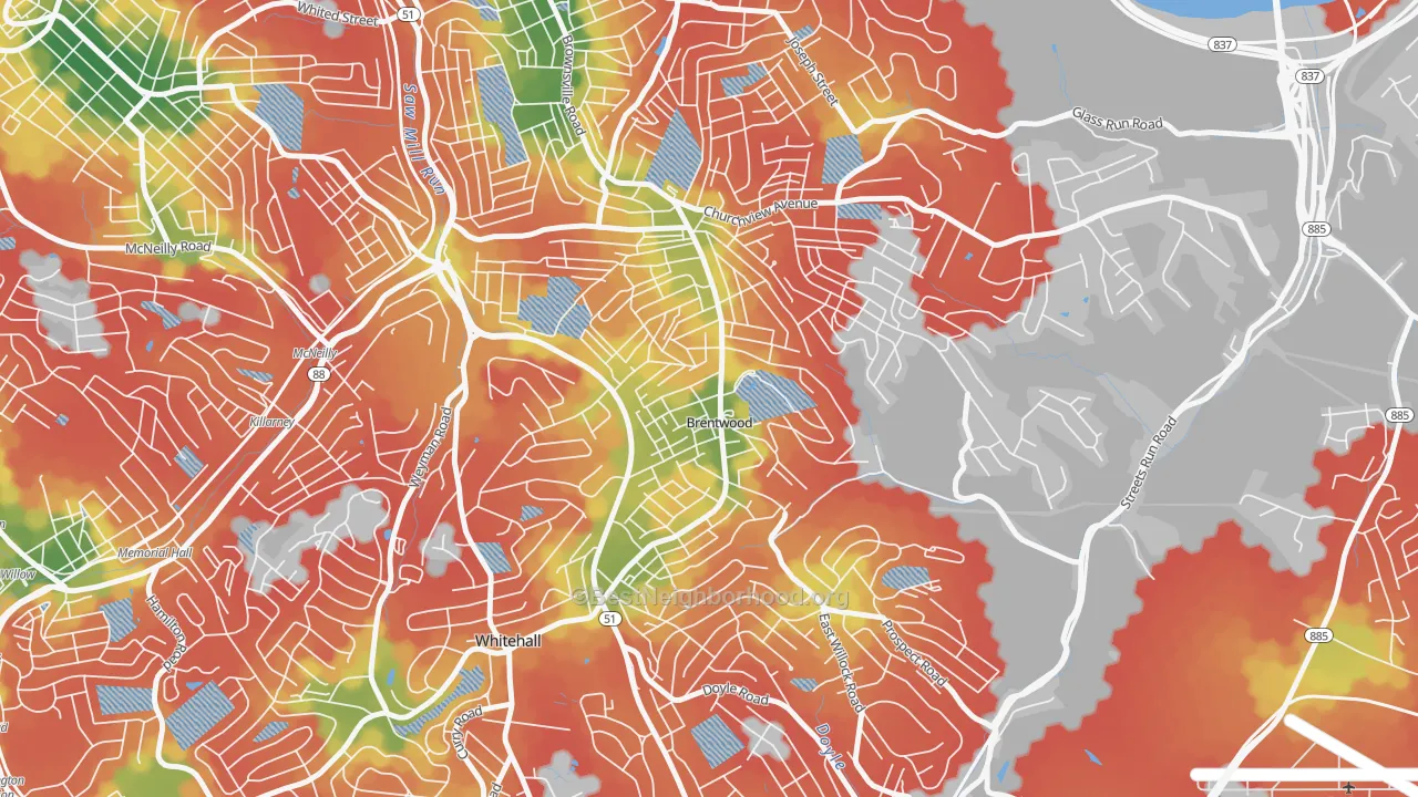 Walk Grade map of Brentwood, PA, walkable areas in green and car-dependent areas in red
