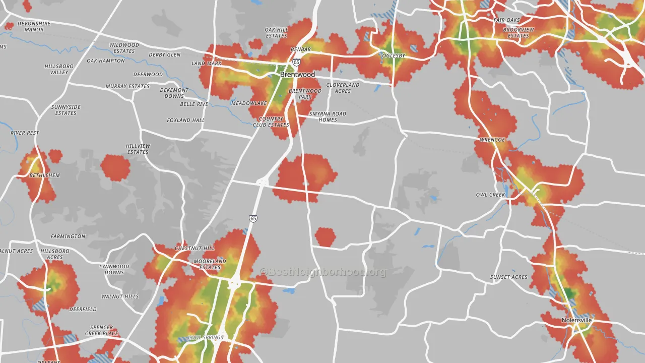 Walk Grade map of Brentwood, TN, walkable areas in green and car-dependent areas in red