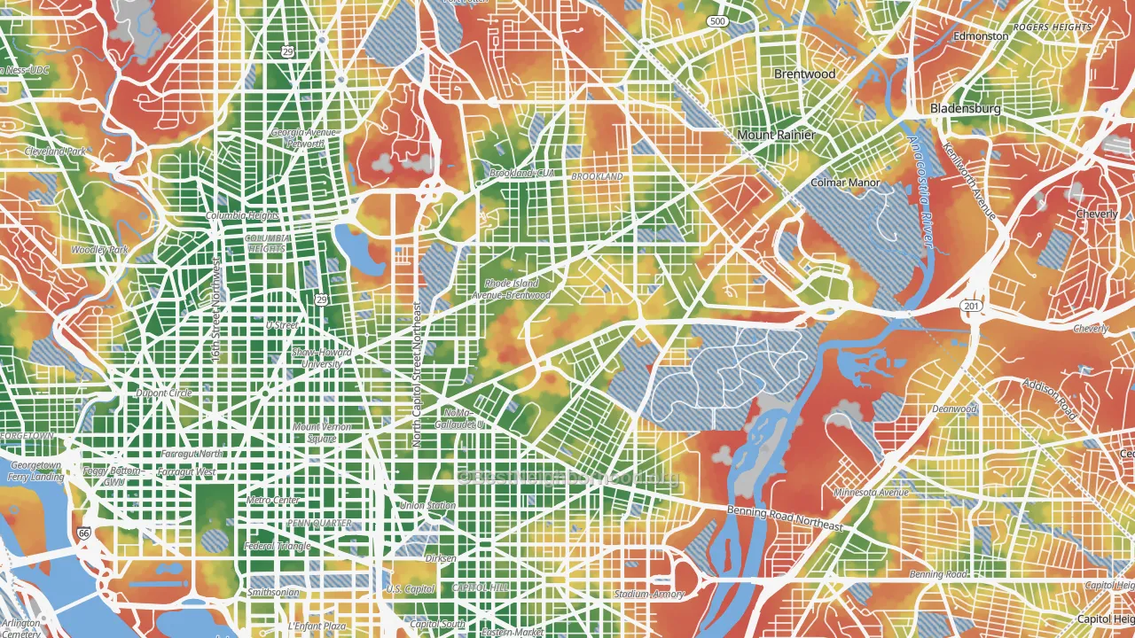 Walk Grade map of Brentwood, Washington, DC, walkable areas in green and car-dependent areas in red