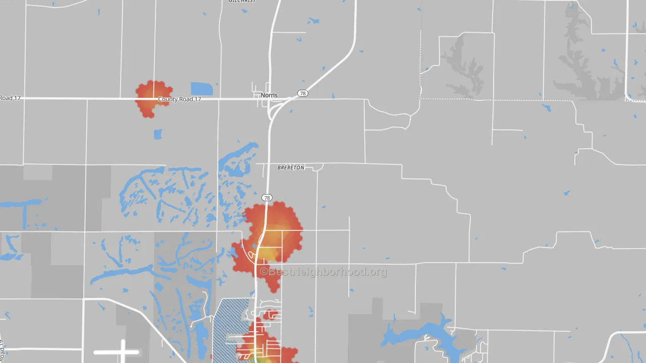 Walk Grade map of Brereton, IL, walkable areas in green and car-dependent areas in red