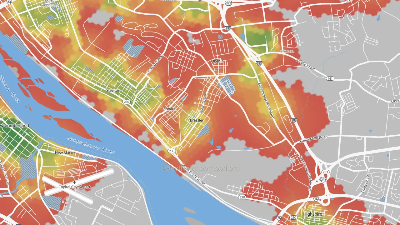 Walk Grade map of Bressler, PA, walkable areas in green and car-dependent areas in red